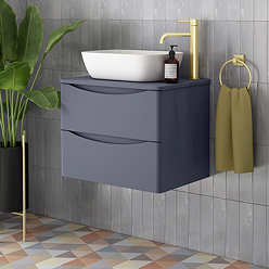 Monza Matt Grey Wall Hung Countertop Vanity Unit - 600mm 2 Drawer with Rectangular Gloss White Basin