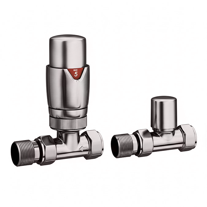 Monza Brushed Nickel Straight Thermostatic Radiator Valves - Energy Saving