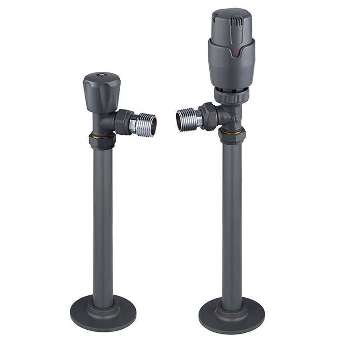 Monza Modern Grey Angled Thermostatic Radiator Valves inc. 180mm Stand Pipes Large Image