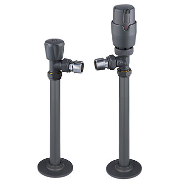 Monza Modern Grey Angled Thermostatic Radiator Valves incl. 180mm Stand Pipes - Energy Saving  Profile Large Image