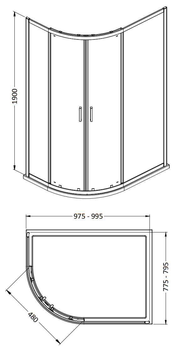 Monza RH Offset Quadrant Shower Enclosure + Pearlstone Tray 1000 x 800mm