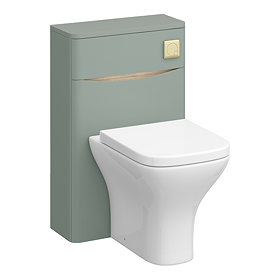 Monza Sage Green 500mm Wide WC Unit with Cistern, Brushed Brass Flush, and Modern Pan