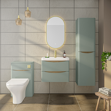 Monza Sage Green Vanity Unit, Tall Storage Unit, and Toilet Package