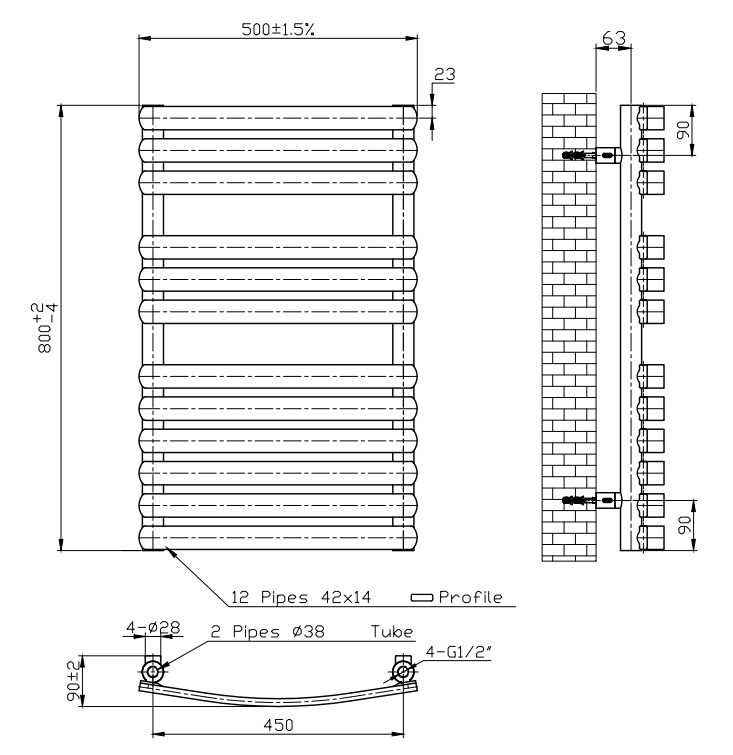 Murano Curved H800mm x W490mm Heated Towel Rail - Chrome