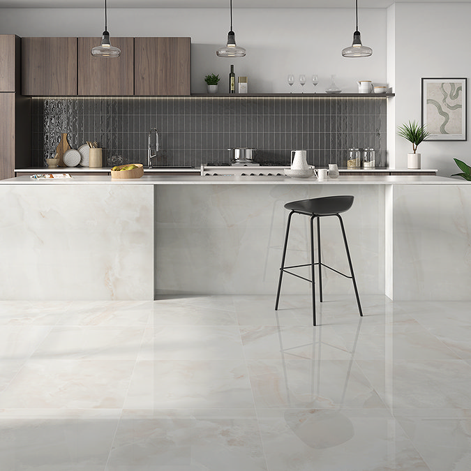 Naro White Polished Marble Effect Tiles - 600 x 600mm