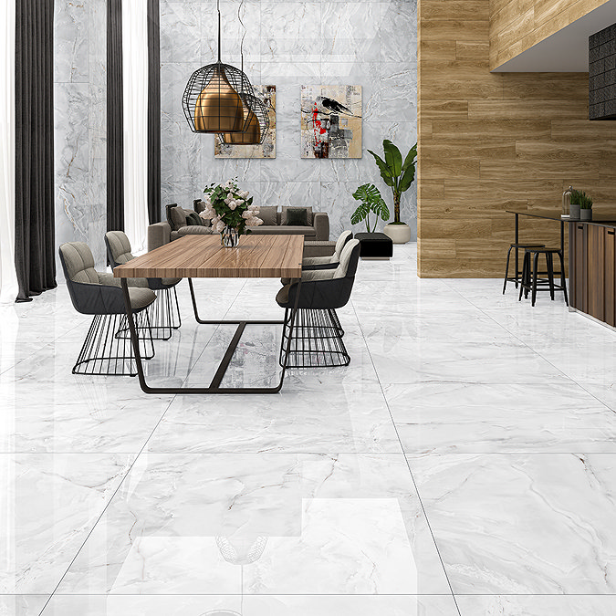 Natana White Polished Onyx Marble Effect Floor Tiles - 600 x 600mm