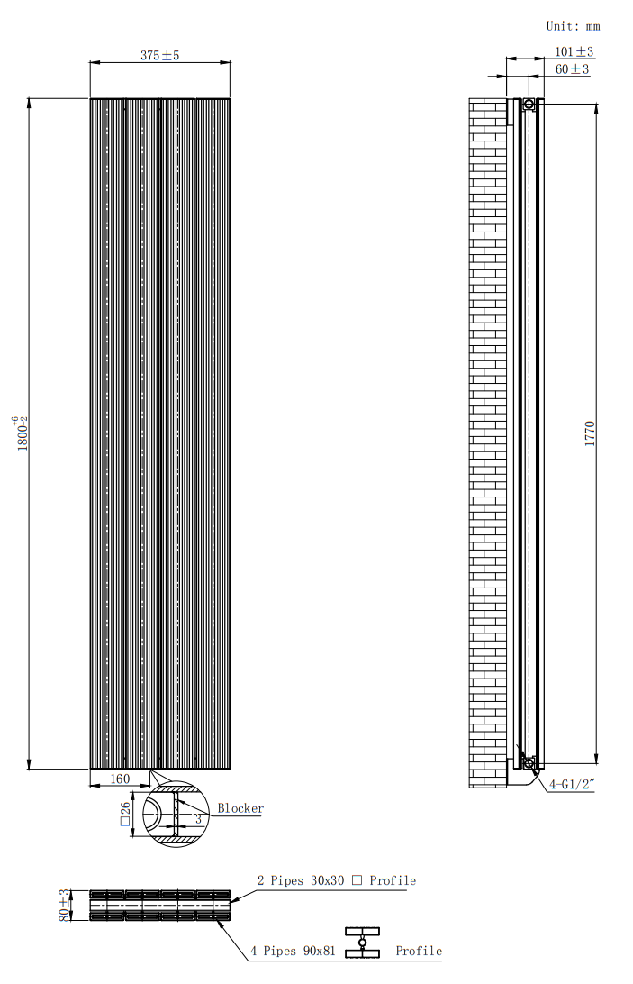 Nova Anthracite Vertical Double Panel Aluminium Radiator 1800 x 375mm (4 Section)