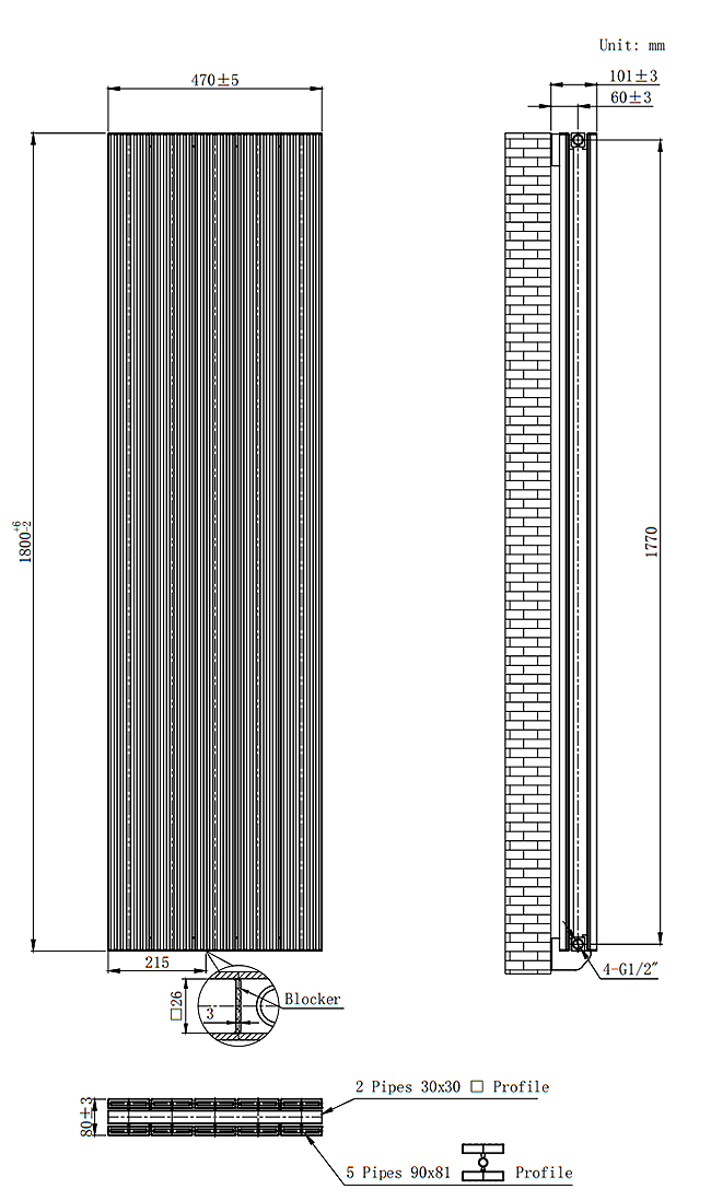 Nova Anthracite Vertical Double Panel Aluminium Radiator 1800 x 470mm (5 Section)