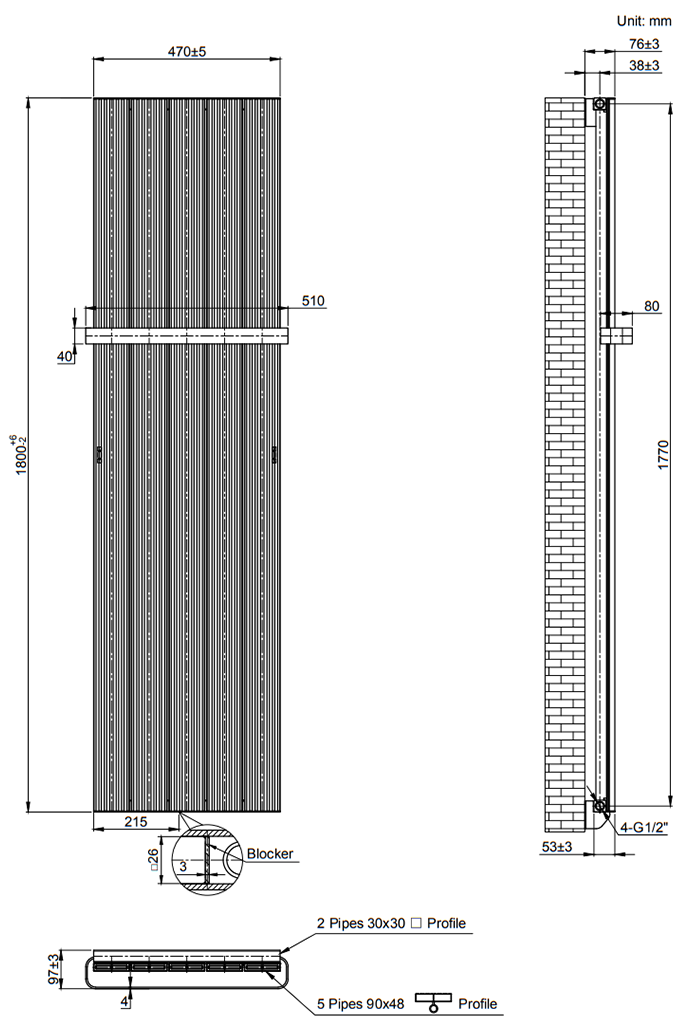 Nova Anthracite Vertical Single Panel Aluminium Radiator 1800 x 470mm (5 Section) with Rail