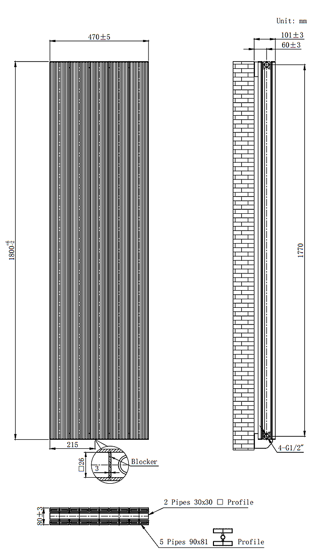 Nova White Vertical Double Panel Aluminium Radiator 1800 x 470mm (5 Section)