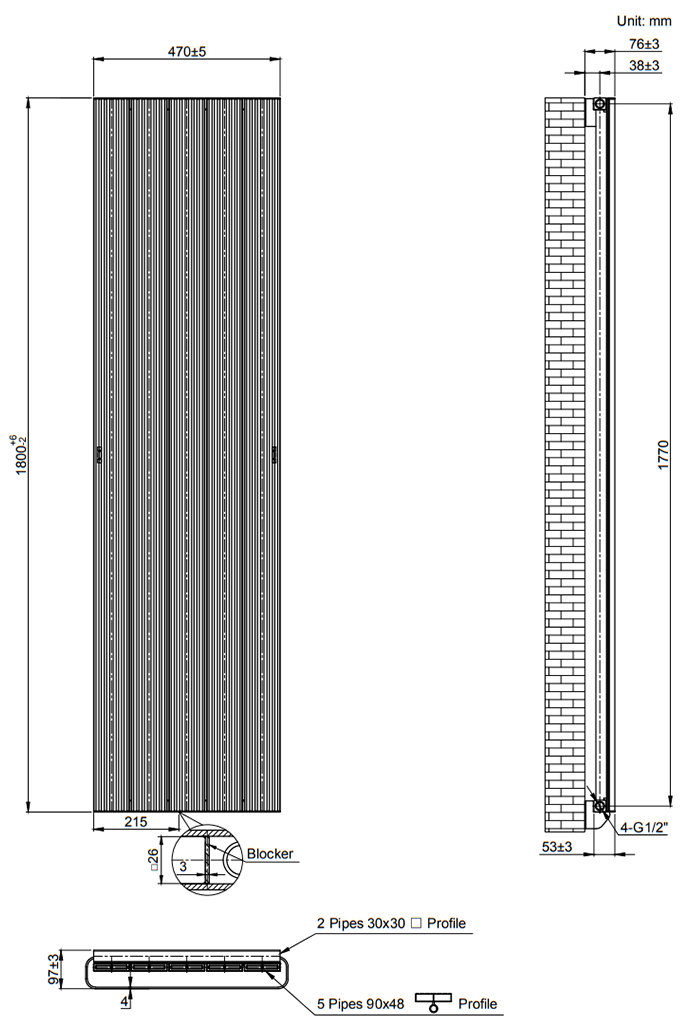 Nova White Vertical Single Panel Aluminium Radiator 1800 x 470mm (5 Section)