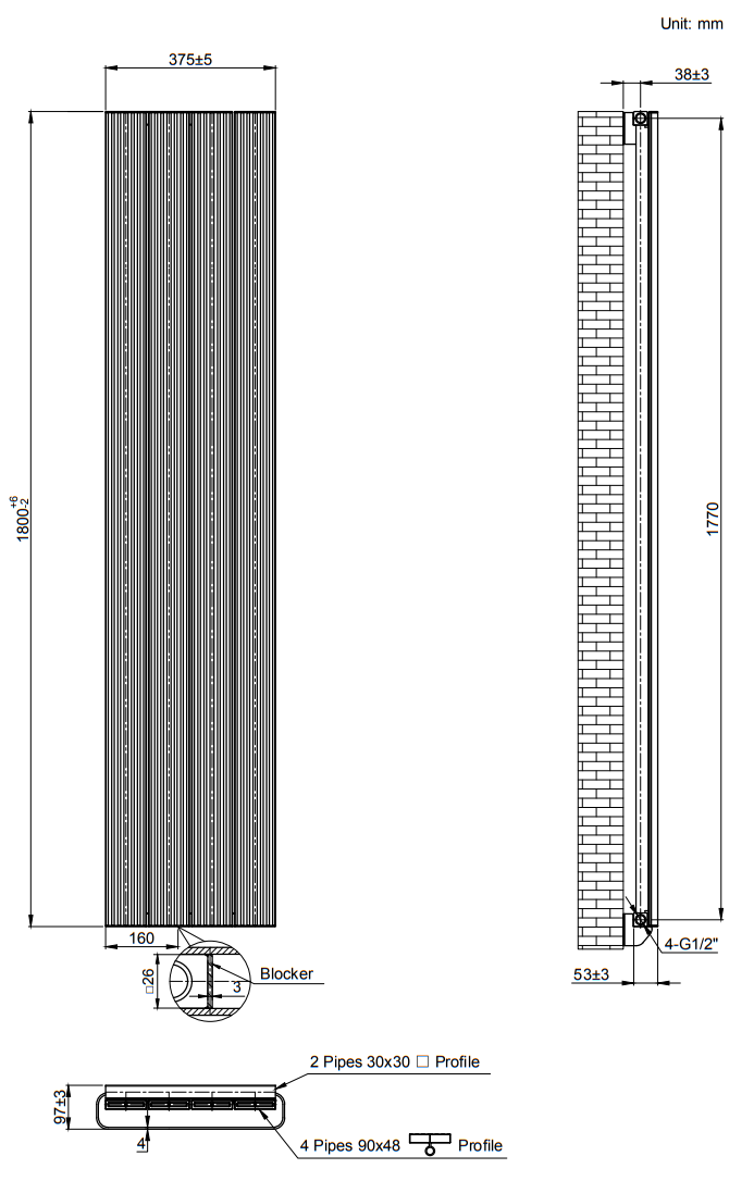 Nova White Vertical Single Panel Aluminium Radiator 1800 x 375mm (4 Section)