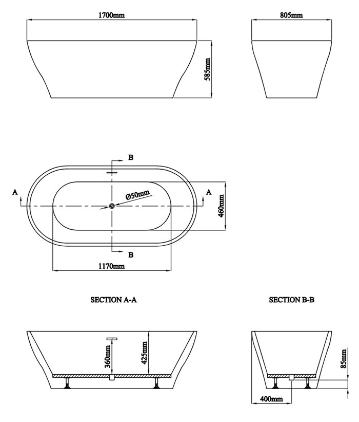 Novus 1700 x 805 Double Ended Freestanding Bath with Chrome Waste