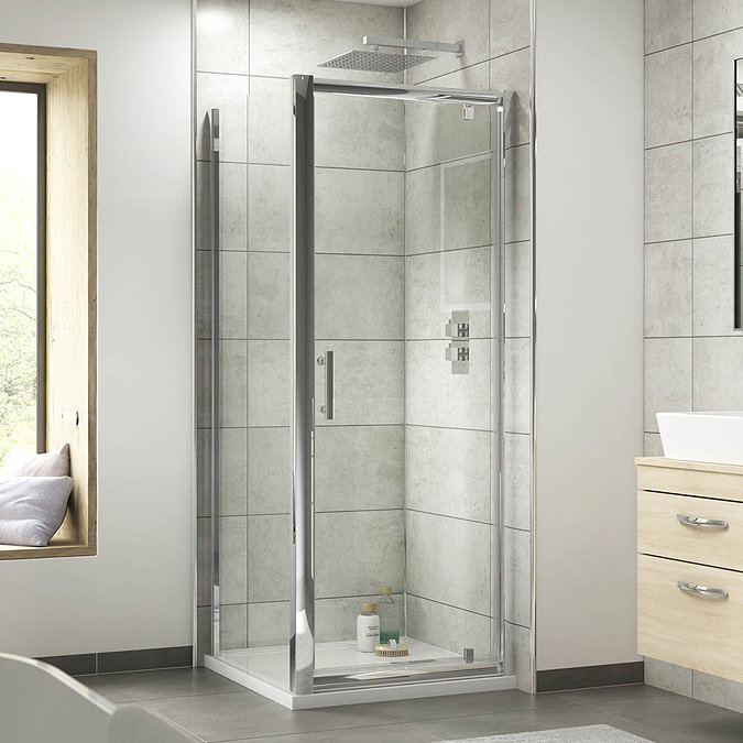 Nuie Pacific 700 x 700mm Pivot Door Shower Enclosure + Pearlstone Tray Large Image