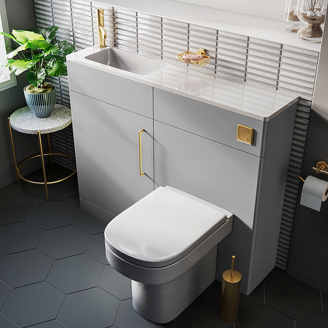 Odyssey Grey Combination Vanity and WC Unit with Brushed Brass Handle and Flush