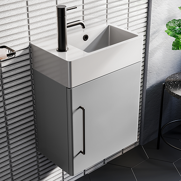 Odyssey Grey Wall Hung Cloakroom Vanity Unit - 450mm Wide with Matt Black Handle (Left Hand Option)