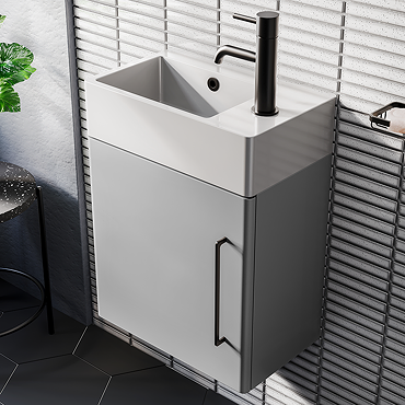 Odyssey Grey Wall Hung Cloakroom Vanity Unit - 450mm Wide with Matt Black Handle (Right Hand Option)