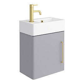 Odyssey Grey Wall Hung Cloakroom Vanity Unit - 450mm Wide with Brushed Brass Handle (Left Hand Option)