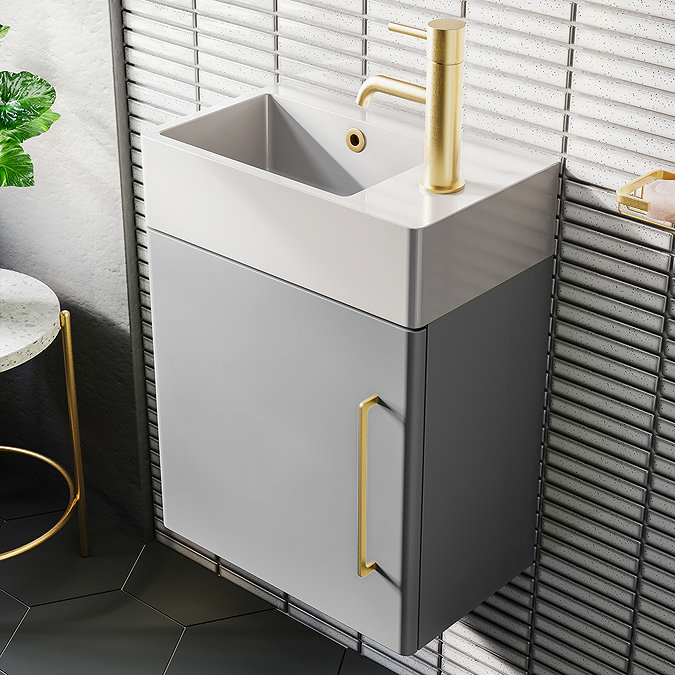 Odyssey Grey Wall Hung Cloakroom Vanity Unit - 450mm Wide with Brushed Brass Handle (Right Hand Option)