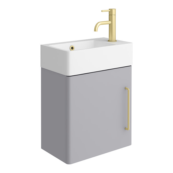 Odyssey Grey Wall Hung Cloakroom Vanity Unit - 450mm Wide with Brushed Brass Handle (Right Hand Option)