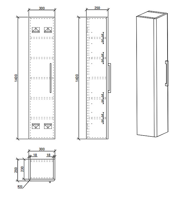 Odyssey Grey Wall Hung Tall Storage Unit with Matt Black Handle - 1400mm