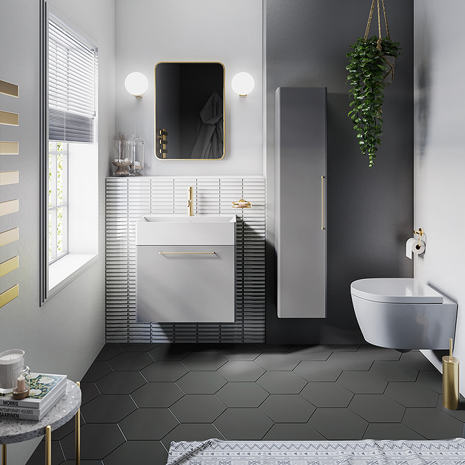 Odyssey Grey Wall Hung Vanity Unit - 600mm Wide with Brushed Brass Handle