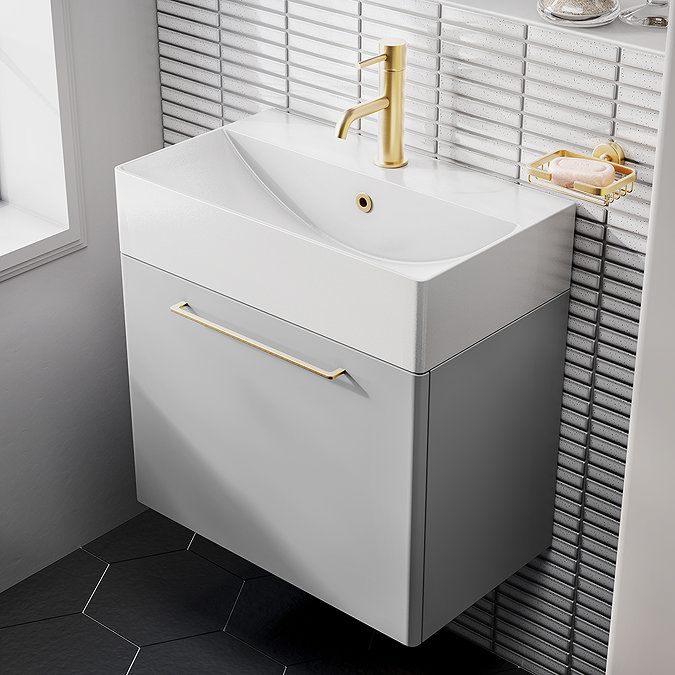Odyssey Grey Wall Hung Vanity Unit - 600mm Wide with Brushed Brass Handle