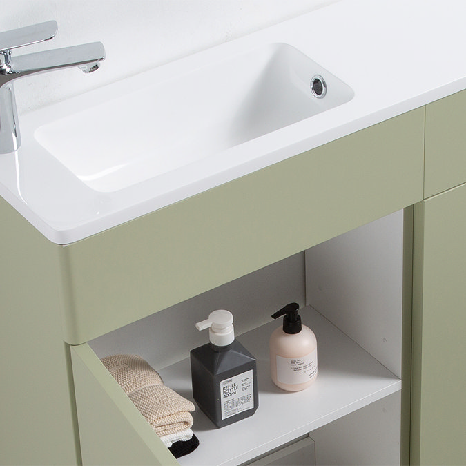 Odyssey Sage Combination Vanity and WC Unit with Brushed Brass Handles and Flush