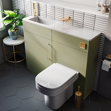 Odyssey Sage Combination Vanity and WC Unit with Brushed Brass Handles and Flush