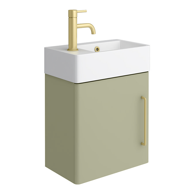 Odyssey Sage Wall Hung Cloakroom Vanity Unit - 450mm Wide with Brushed Brass Handle (Left Hand Option)