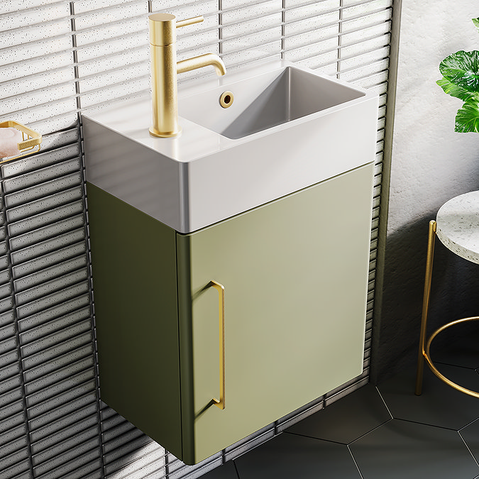 Odyssey Sage Wall Hung Cloakroom Vanity Unit - 450mm Wide with Brushed Brass Handle (Left Hand Option)