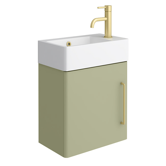 Odyssey Sage Wall Hung Cloakroom Vanity Unit - 450mm Wide with Brushed Brass Handle (Right Hand Option)