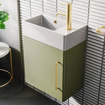 Odyssey Sage Wall Hung Cloakroom Vanity Unit - RH 450mm Wide with Brushed Brass Handle