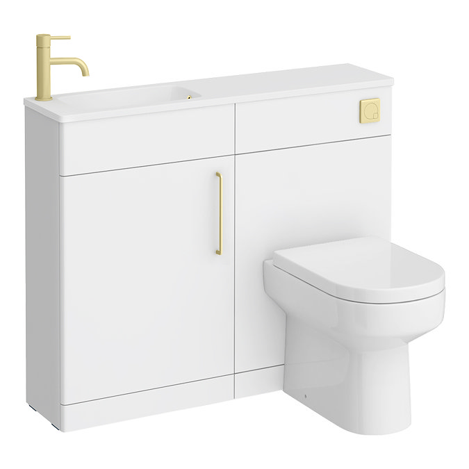 Odyssey White Combination Vanity and WC Unit with Brushed Brass Handle and Flush