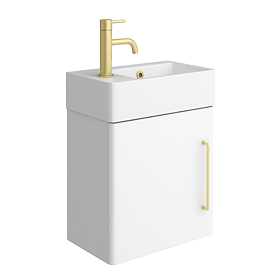 Odyssey White Wall Hung Cloakroom Vanity Unit - 450mm Wide with Brushed Brass Handle (Left Hand Option)