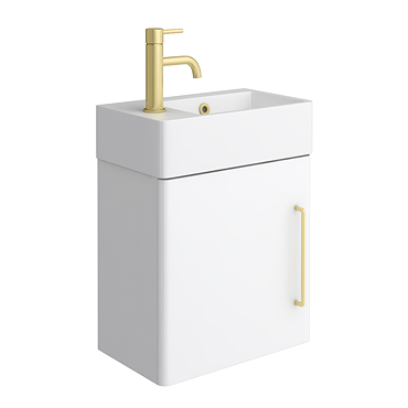  Odyssey White Wall Hung Cloakroom Vanity Unit - 450mm Wide with Brushed Brass Handle (Left Hand Option)