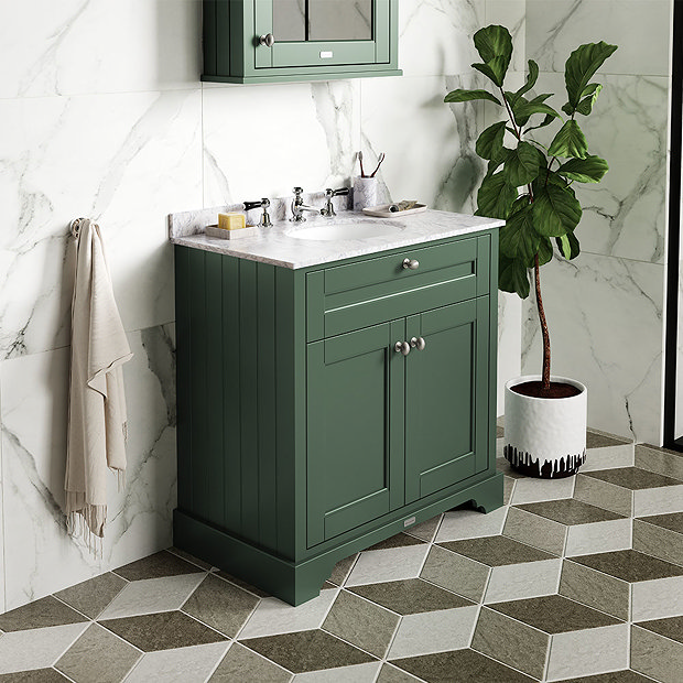 Old London 1000mm Cabinet & Single Bowl Grey Marble Top - Hunter Green  Feature Large Image