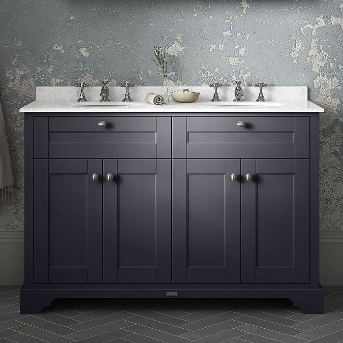 Old London 1200mm Cabinet & Double Bowl White Marble Top - Twilight Blue Profile Large Image