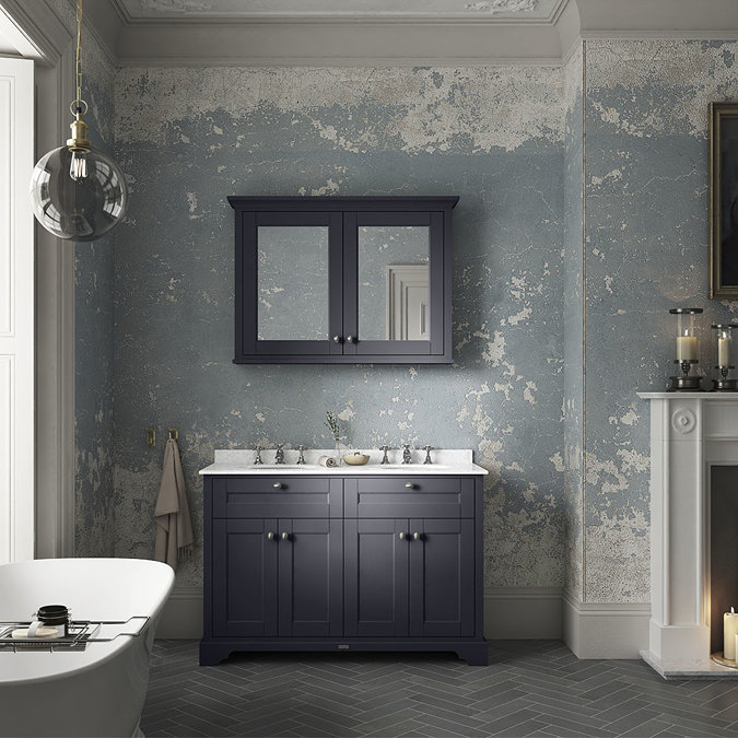 Old London 1200mm Cabinet & Double Bowl White Marble Top - Twilight Blue Feature Large Image