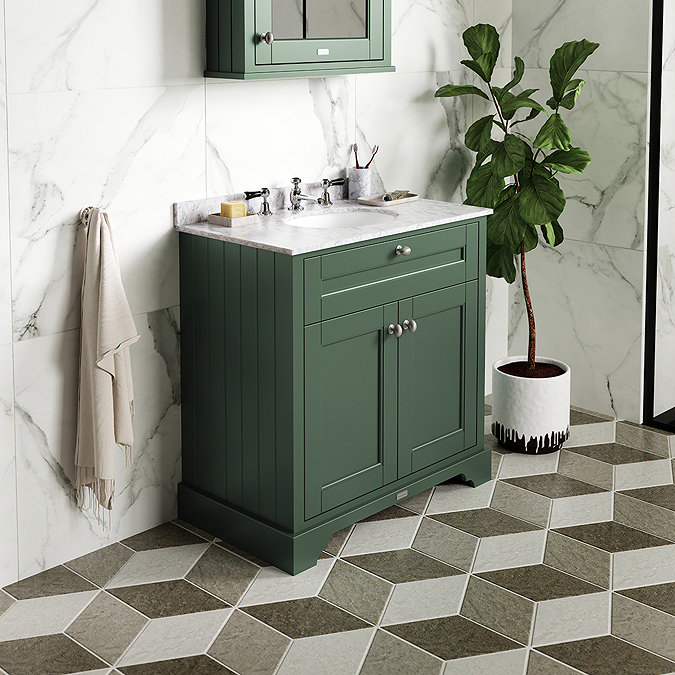 Old London 800mm Cabinet & Single Bowl White Marble Top - Hunter Green Profile Large Image