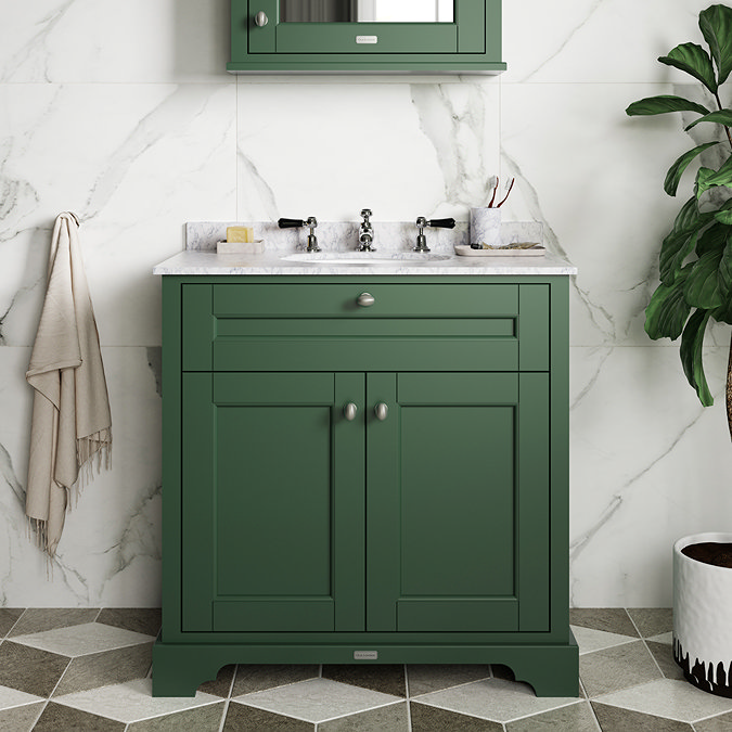 Old London 800mm Cabinet & Single Bowl White Marble Top - Hunter Green  Feature Large Image