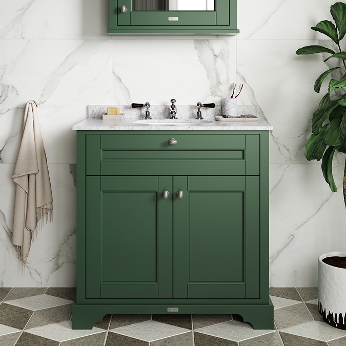 Old London 800mm Cabinet & Single Bowl White Marble Top - Hunter Green Feature Large Image