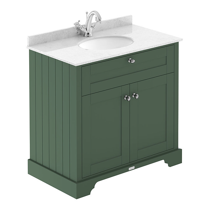 Old London 800mm Cabinet & Single Bowl White Marble Top - Hunter Green Large Image