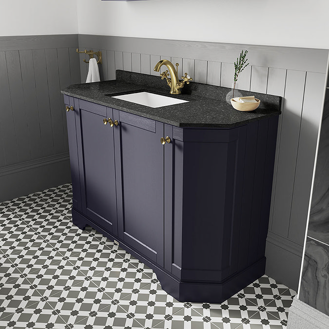 Old London Twilight Blue Art Deco 1000mm Angled Cabinet with Black Marble Basin Top Profile Large I