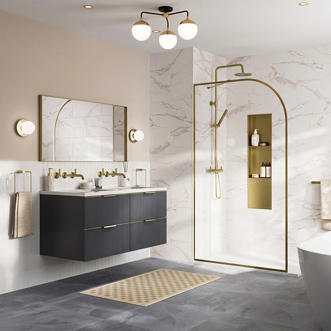 Opus 1200mm Fluted Wall‑Hung Double Basin Vanity Unit – Satin Black with Marble‑Effect Worktop & Brushed Brass Handles