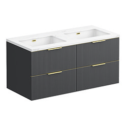 Opus 1200mm Fluted Wall‑Hung Double Basin Vanity Unit – Satin Black with Marble‑Effect Worktop & Brushed Brass Handles