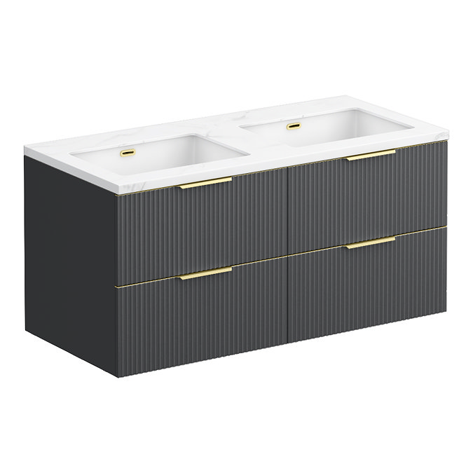 Opus 1200mm Fluted Wall‑Hung Double Basin Vanity Unit – Satin Black with Marble‑Effect Worktop & Brushed Brass Handles