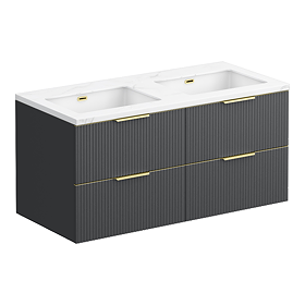 Opus 1200mm Fluted Wall‑Hung Double Basin Vanity Unit – Satin Black with Marble‑Effect Worktop & Brushed Brass Handles