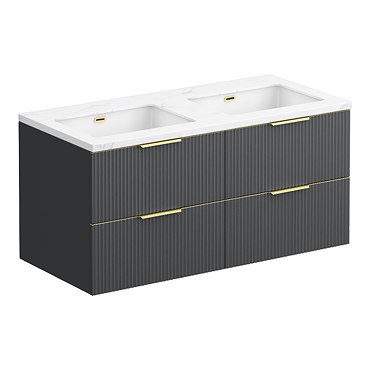 Opus 1200mm Fluted Wall‑Hung Double Basin Vanity Unit – Satin Black with Marble‑Effect Worktop & Brushed Brass Handles