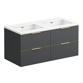 Opus 1200mm Fluted Wall‑Hung Double Basin Vanity Unit – Satin Black with Marble‑Effect Worktop & Brushed Brass Handles